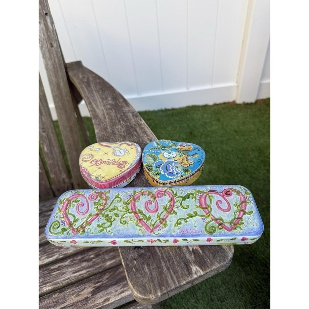 Brighton Heart Shaped And Long Jewelry Tin Lot Of 3